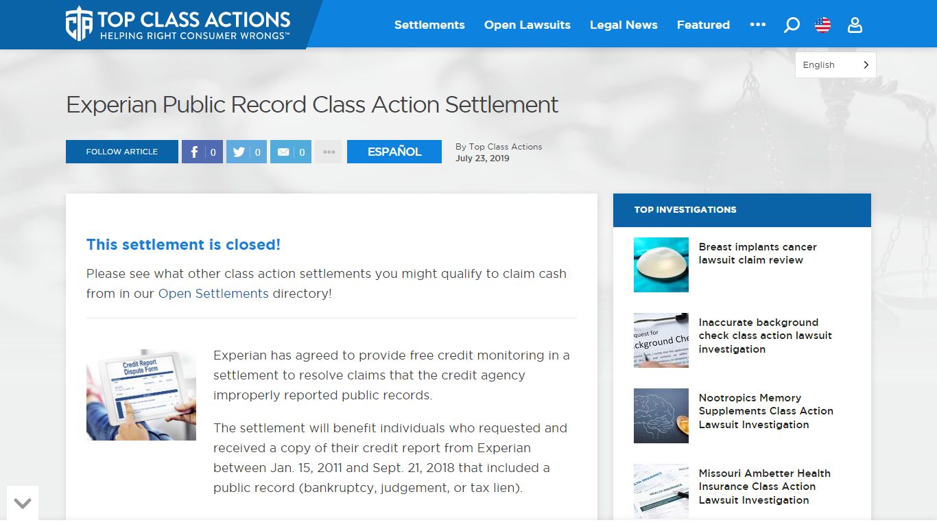 Experian Public Record Class Action Settlement