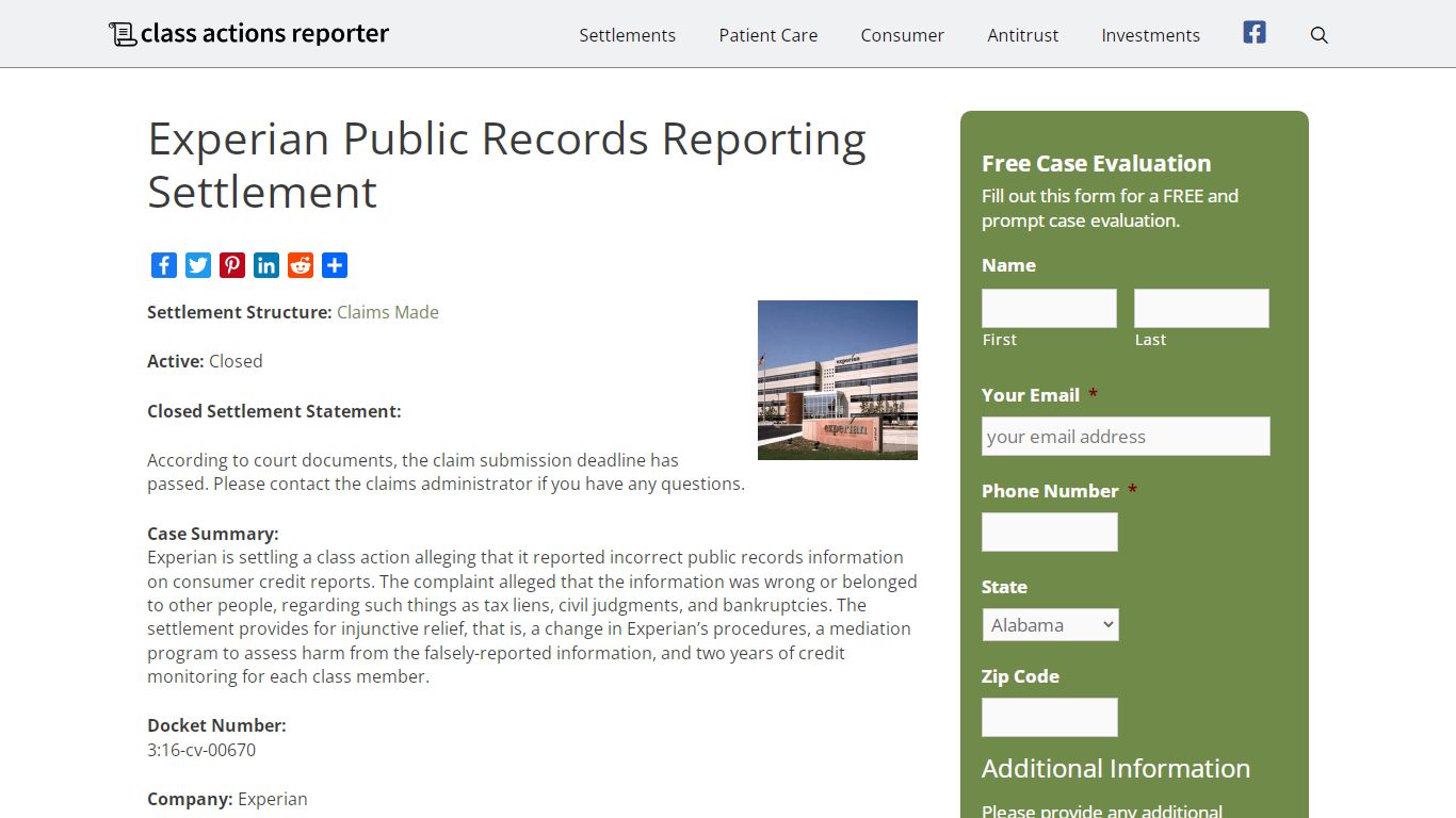 Experian Public Records Reporting Settlement - Class Actions Lawsuits